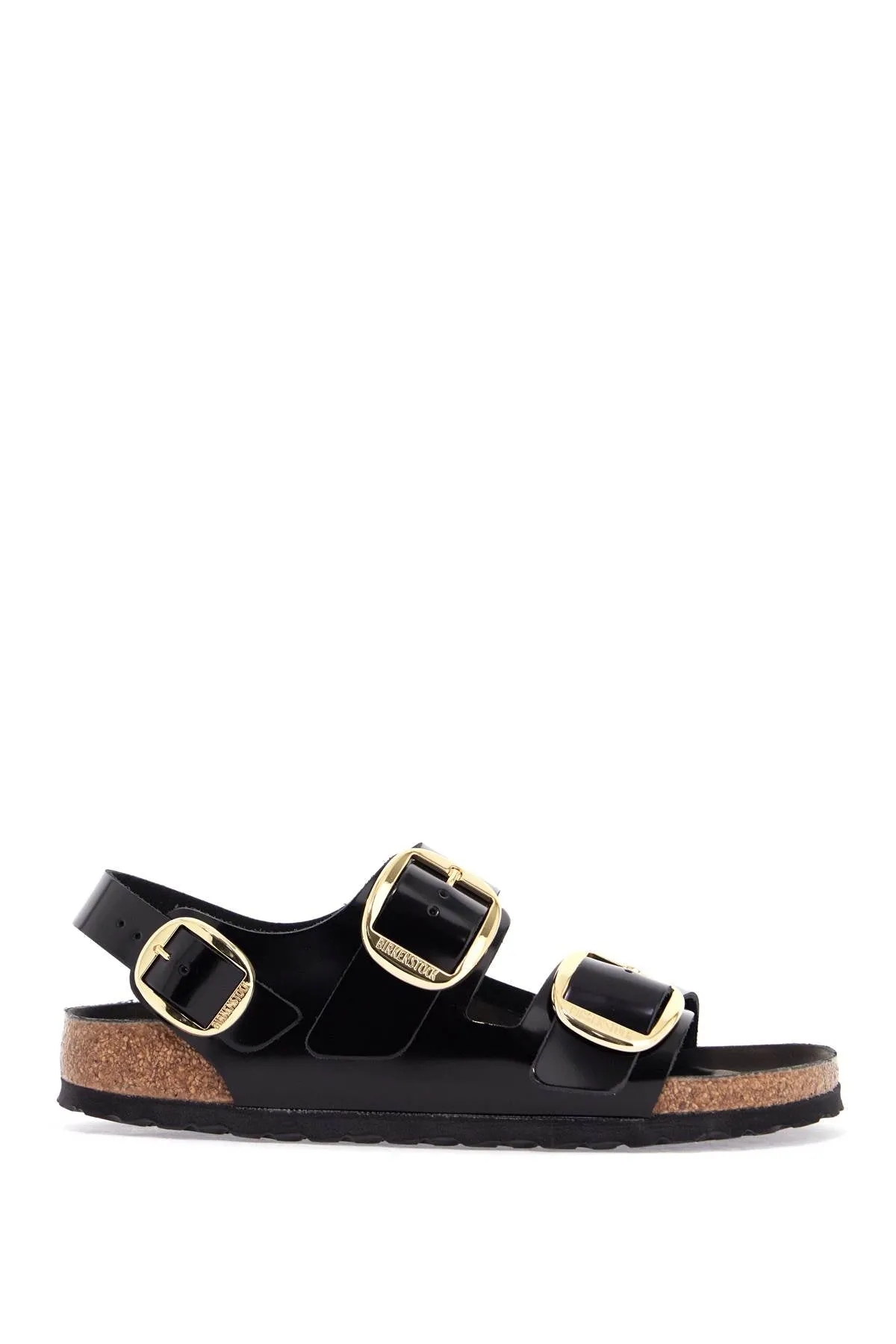 Sandales Birkenstock en cuir noir avec trois grandes boucles