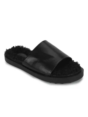Mules en Fausse Fourrure Noire PU Douces et Duveteuses