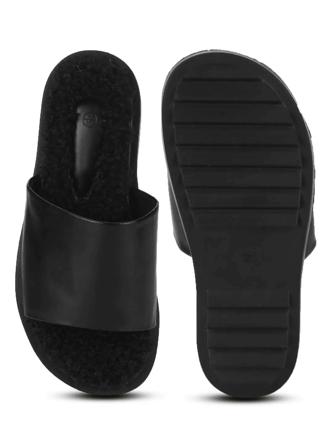 Mules en Fausse Fourrure Noire PU Douces et Duveteuses