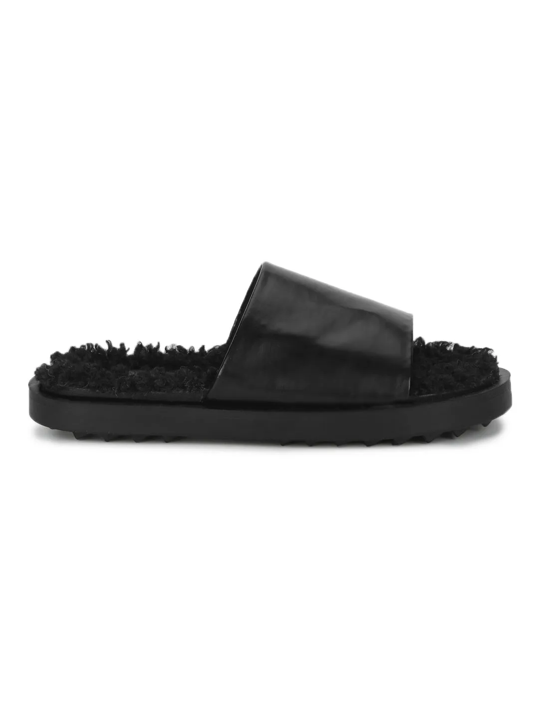 Mules en Fausse Fourrure Noire PU Douces et Duveteuses