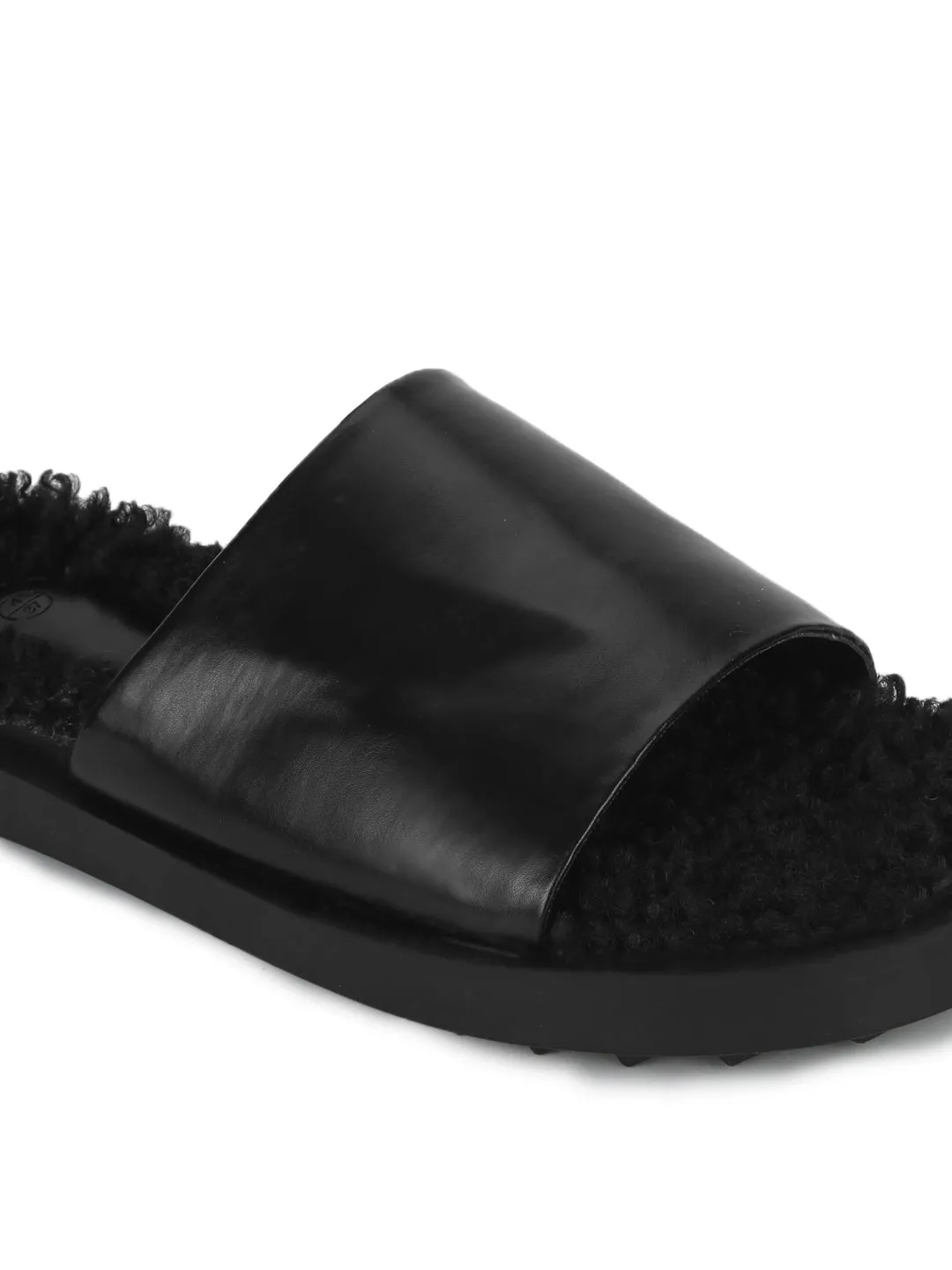 Mules en Fausse Fourrure Noire PU Douces et Duveteuses