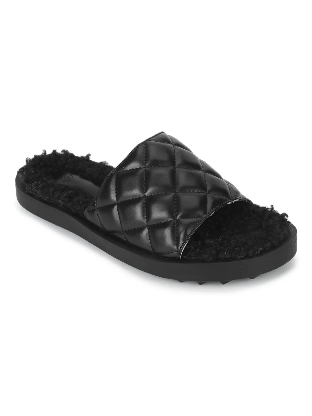 Mules matelassées en fausse fourrure PU noir (TC-RLST7-BLK)