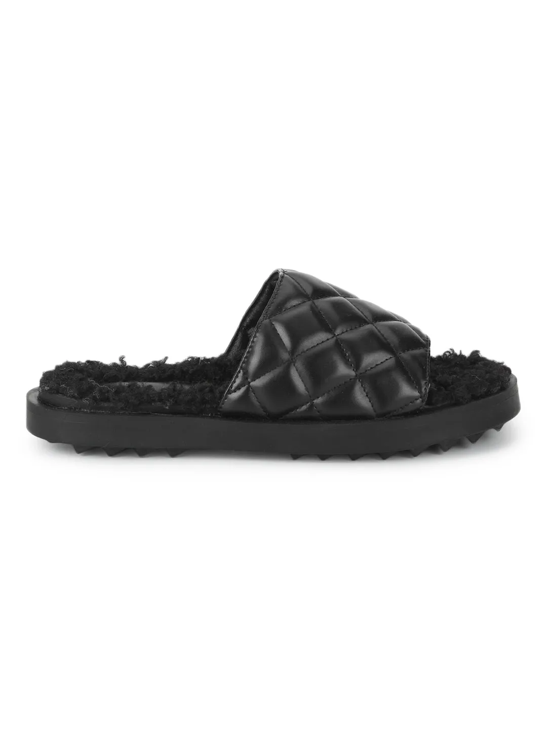 Mules matelassées en fausse fourrure PU noir (TC-RLST7-BLK)