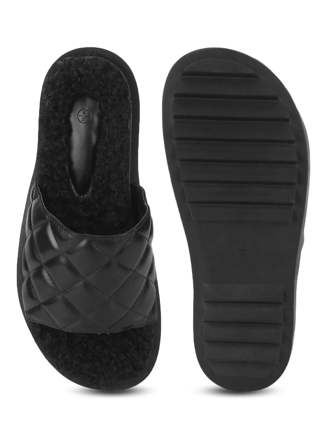 Mules matelassées en fausse fourrure PU noir (TC-RLST7-BLK)