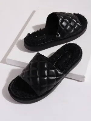 Mules matelassées en fausse fourrure PU noir (TC-RLST7-BLK)