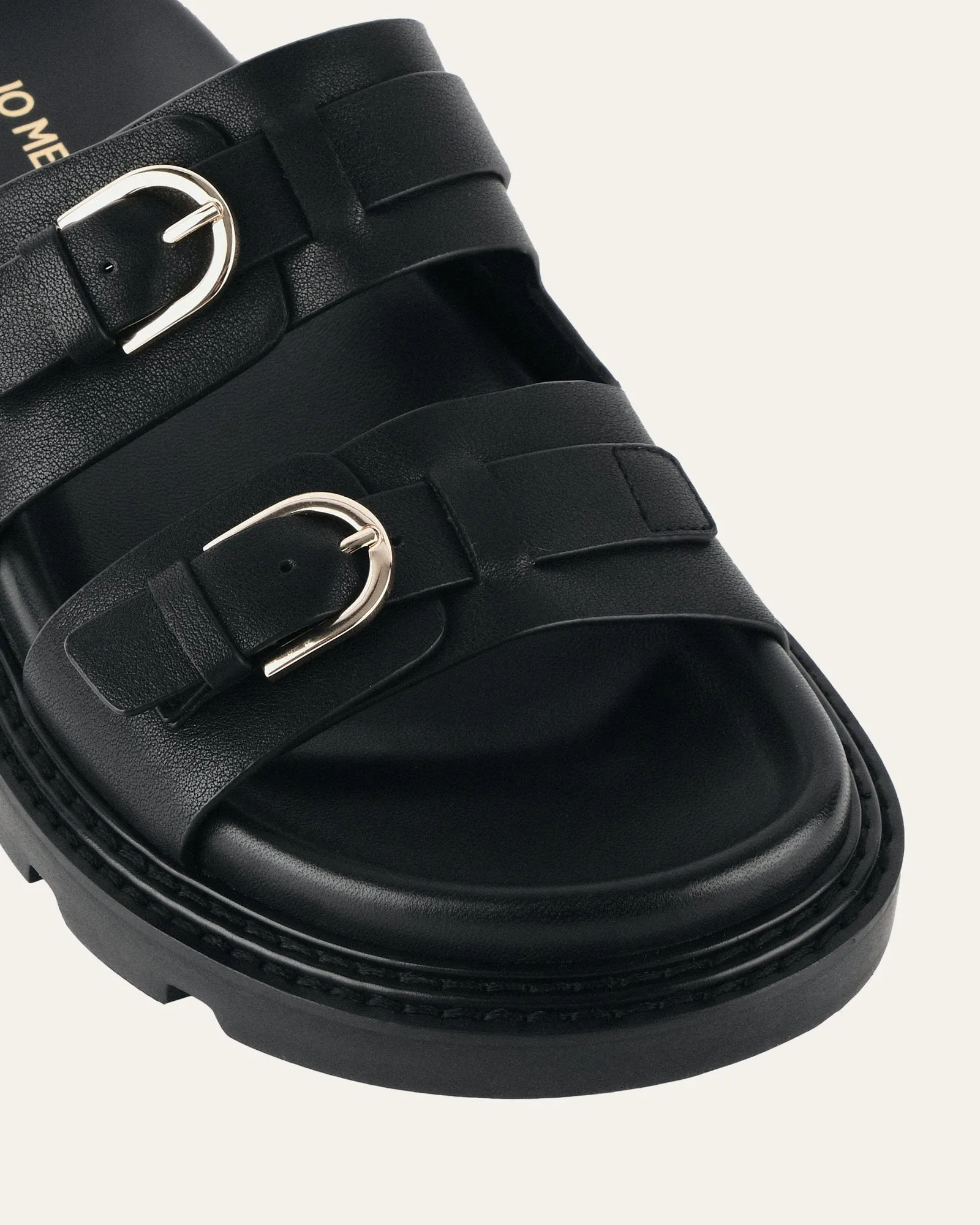 SANDALES PLATES VICHY EN CUIR NOIR