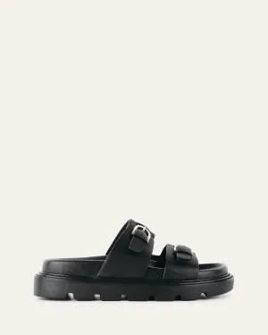 SANDALES PLATES VICHY EN CUIR NOIR