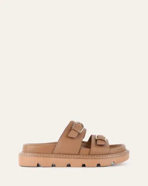 SANDALES PLATES VICHY CUIR TAN