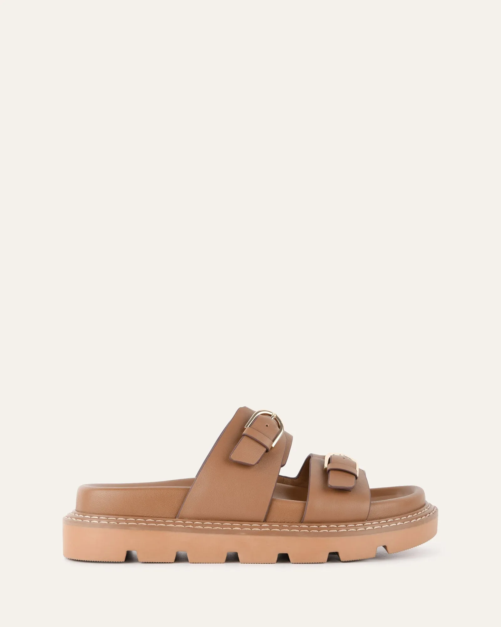 SANDALES PLATES VICHY CUIR TAN