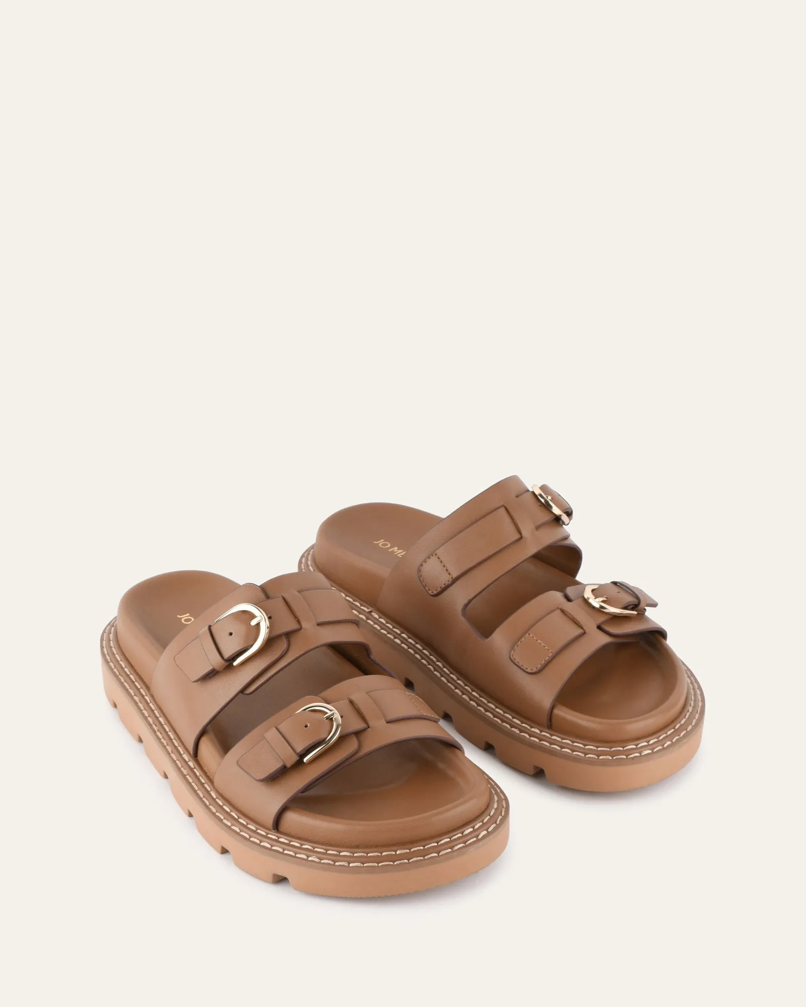 SANDALES PLATES VICHY CUIR TAN