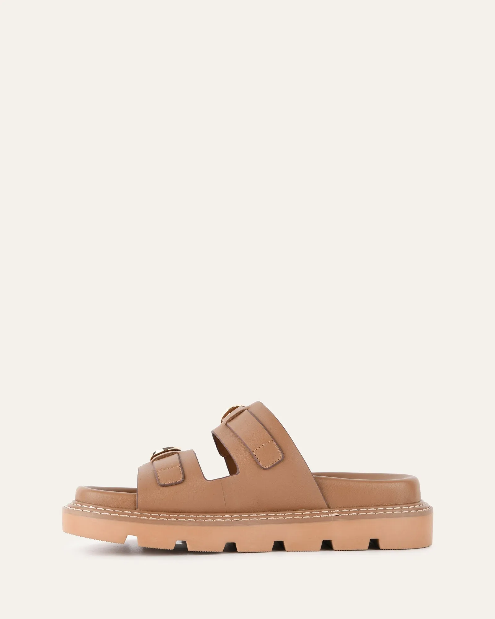 SANDALES PLATES VICHY CUIR TAN