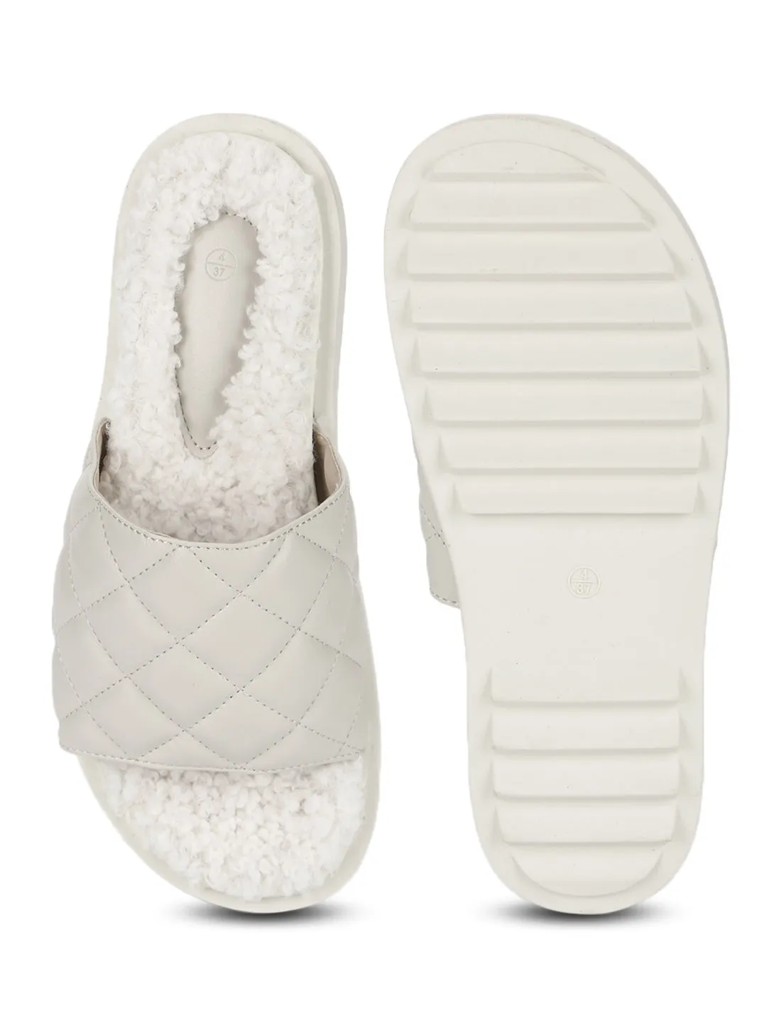 Mules matelassées en fausse fourrure PU blanche (TC-RLST7-WHT)