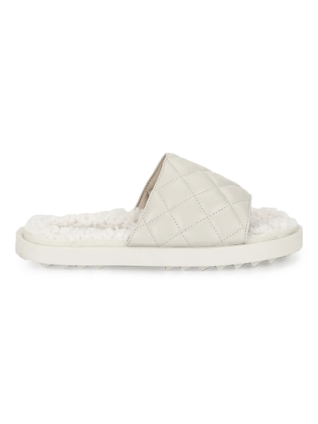 Mules matelassées en fausse fourrure PU blanche (TC-RLST7-WHT)