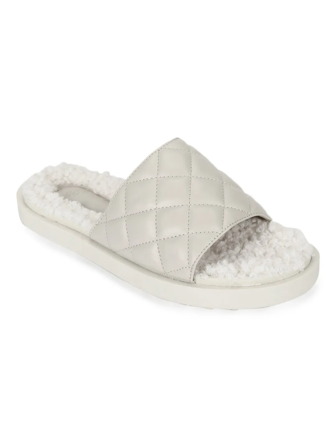 Mules matelassées en fausse fourrure PU blanche (TC-RLST7-WHT)
